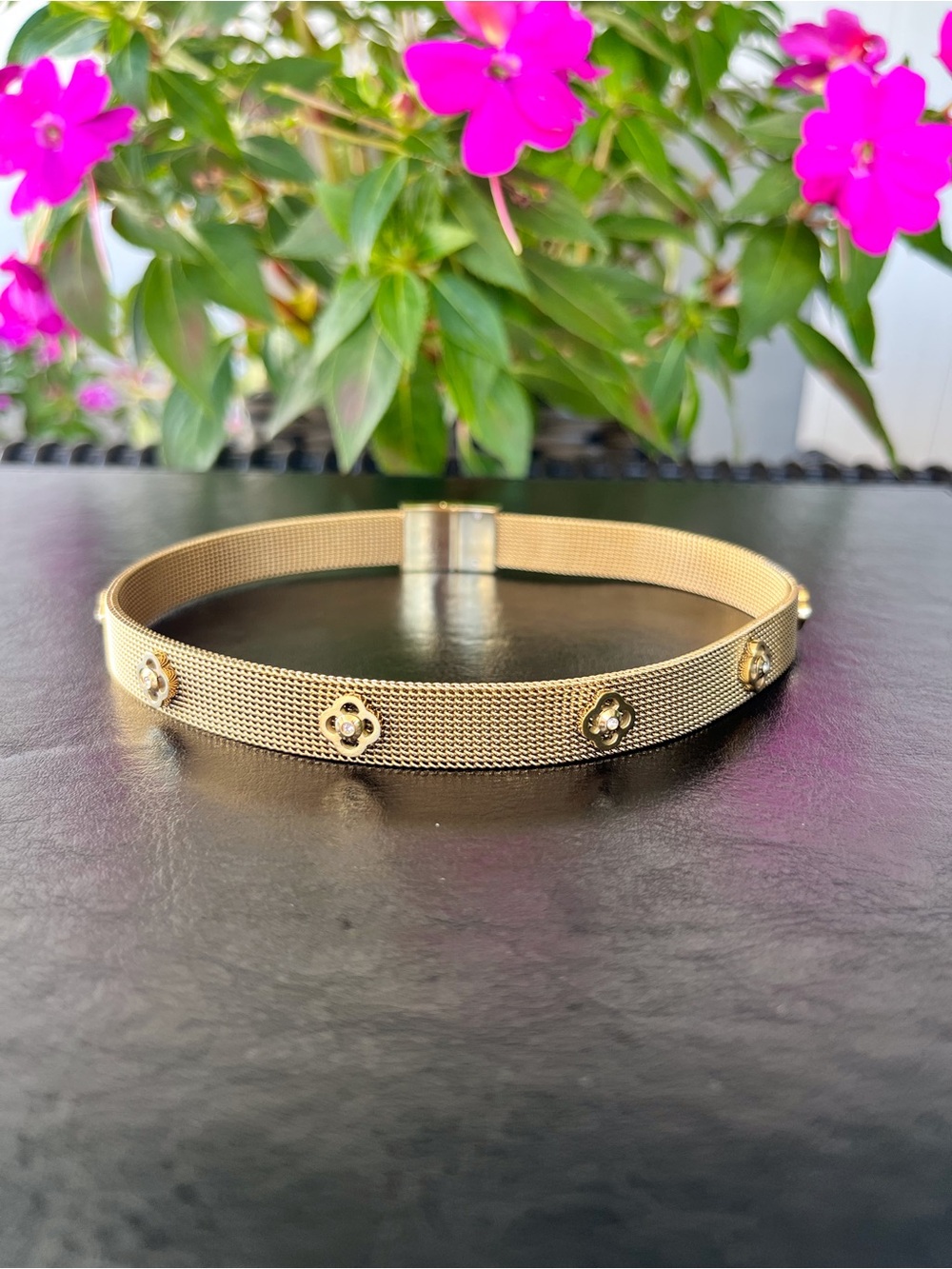 henri bendel Gold Mesh Choker with Floral Accent Studs